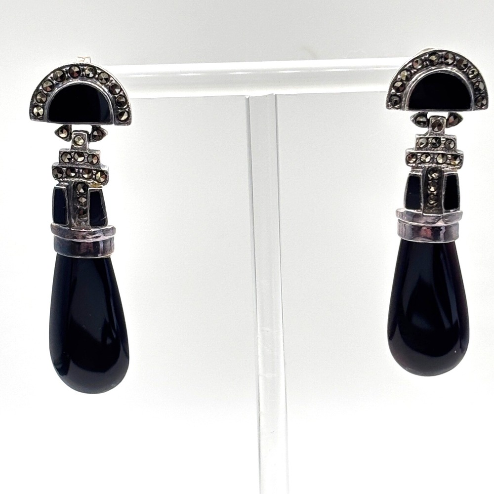 Vintage Deco Black Onyx‎ Sterling Silver Marcasite ND Earrings Egyptian Revival